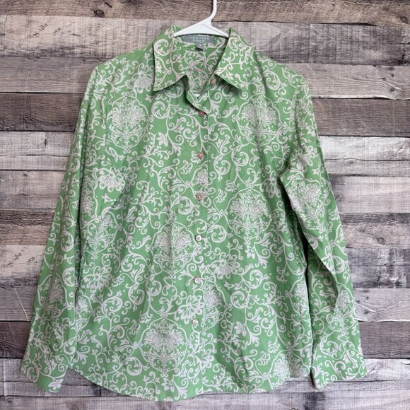Foxcroft Non Iron Blouse Top Women 6 Green Paisley Button Up Shaped Fit Cotton - Picture 1 of 8
